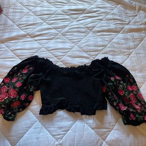 Black Off-Shoulder Smocked Crop Top with Floral Puff Sleeves